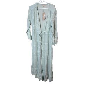New Friends Colony Dress Womens One Size Green Embroidered Kaftan Maxi Boho